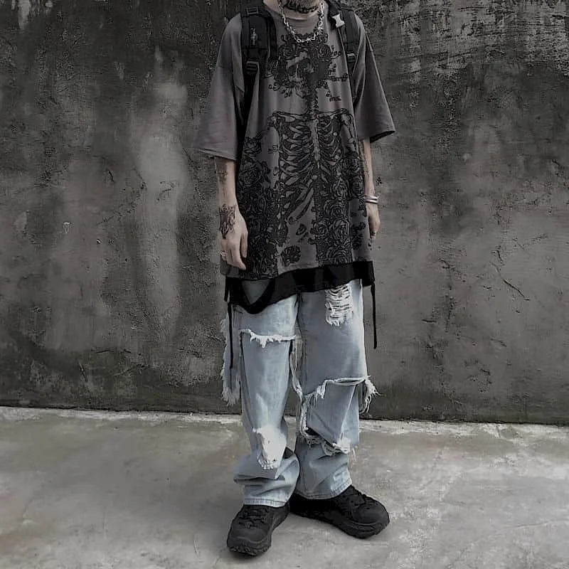 Men T-shirts 2023 Summer Streetwear High Street Gothic Skull Tshirt Loose Oversized Short-sleeved T shirt Dark Anime Men Y2k Top