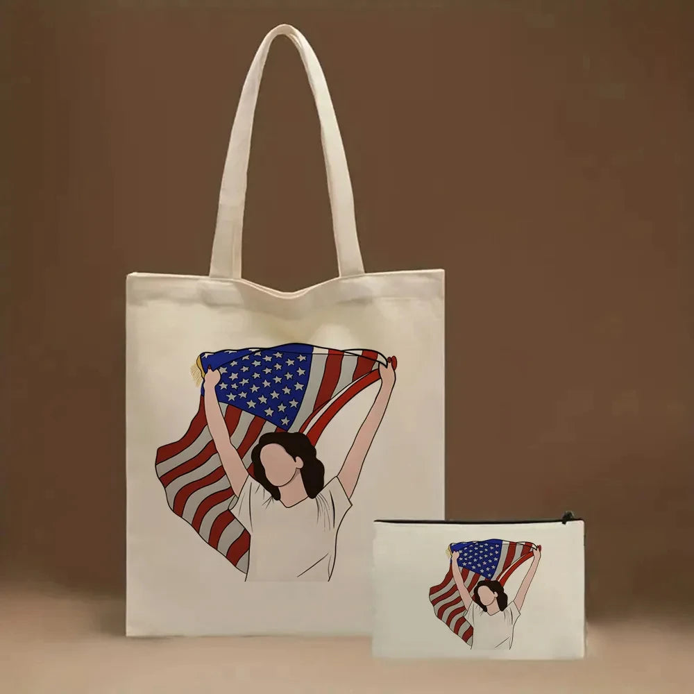 2pcs Lana Del Rey Fashion Women's Handbag Ldr Y2K Canvas Shoulder Bag Cosmetic Organizer Eco Large Capacity Shopping Bag Wallet