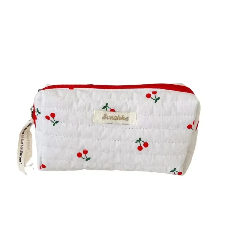 Quilted Cotton Ladies Travel Storage Bag Retro Cherry Women's Cosmetic Bags Cute Design Girls Pencil Case Makeup Bag Handbags