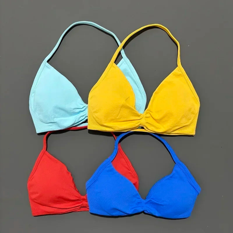 HISTELLO Sports Bra Push Up Strappy Sexy Open Back Gym Crop Top Removable Cups Women Workout Clothing Gym Top Halter Sport Bra