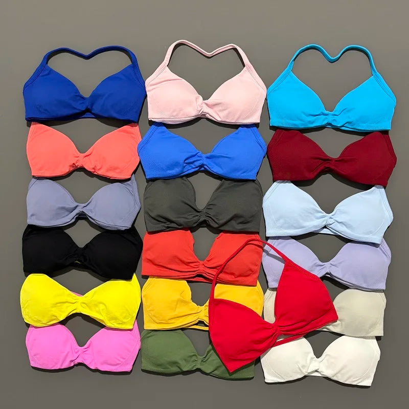HISTELLO Sports Bra Push Up Strappy Sexy Open Back Gym Crop Top Removable Cups Women Workout Clothing Gym Top Halter Sport Bra