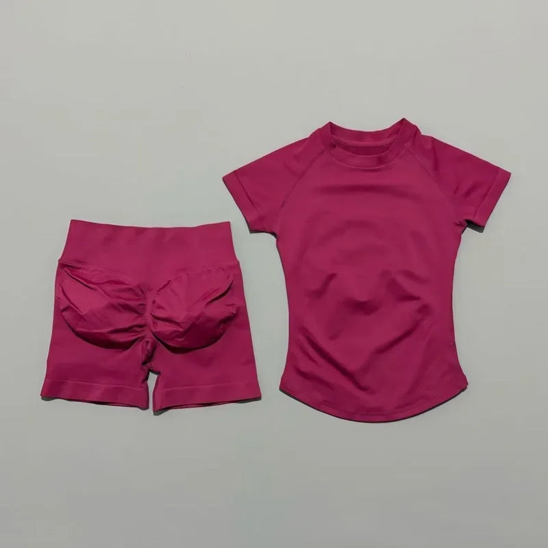 2 Pieces HISTELLO Sports Sets Short Sleeve Seamless Yoga Top Fitness Set Women Workout Running Sports Shorts Gym Suit