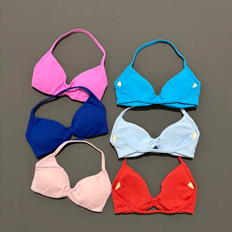 HISTELLO Sports Bra Push Up Strappy Sexy Open Back Gym Crop Top Removable Cups Women Workout Clothing Gym Top Halter Sport Bra