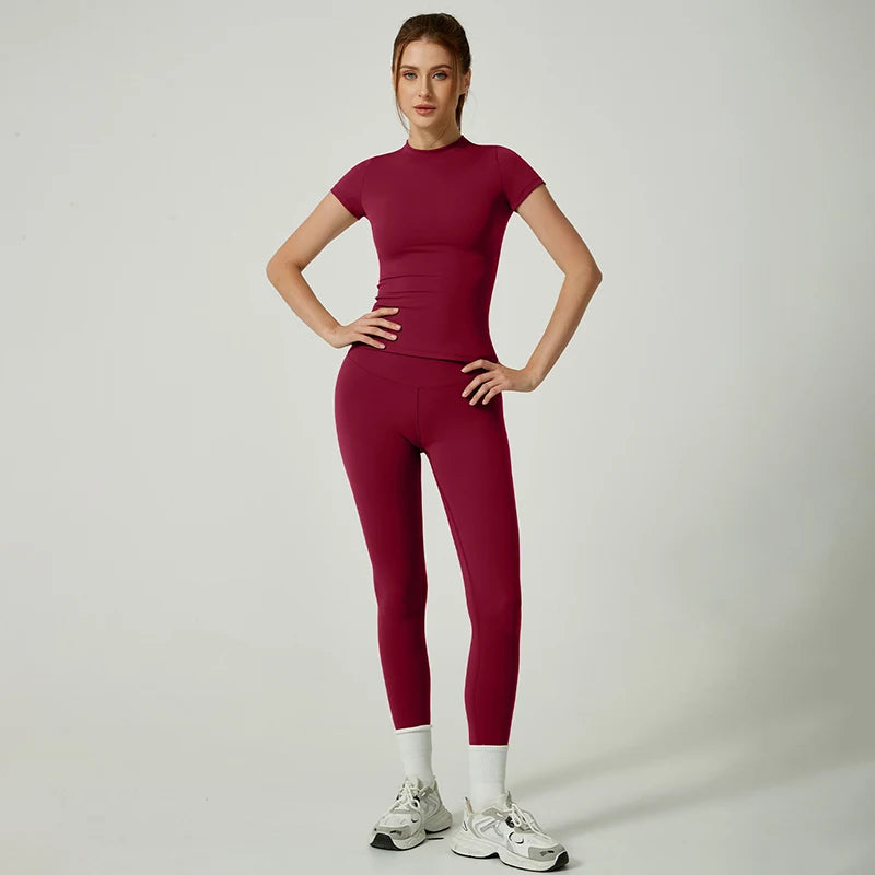 Yoga Set Women Sportswear Workout Clothes Athletic Wear Gym Legging Fitness Crop Top Short Sleeves Sports Suit