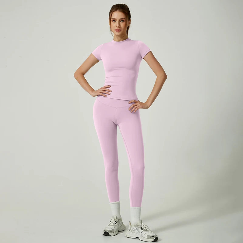 Yoga Set Women Sportswear Workout Clothes Athletic Wear Gym Legging Fitness Crop Top Short Sleeves Sports Suit