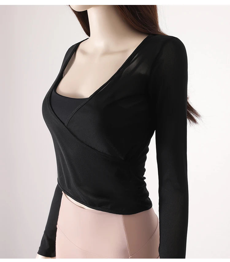 Honeycomb net yarn wearing thin exercise long sleeve breathable waist thin t-shirt pilates training blouse