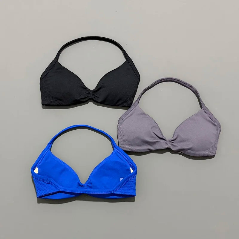 HISTELLO Sports Bra Push Up Strappy Sexy Open Back Gym Crop Top Removable Cups Women Workout Clothing Gym Top Halter Sport Bra