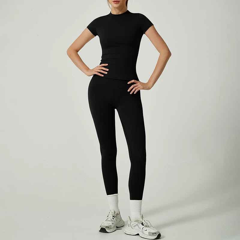 Yoga Set Women Sportswear Workout Clothes Athletic Wear Gym Legging Fitness Crop Top Short Sleeves Sports Suit