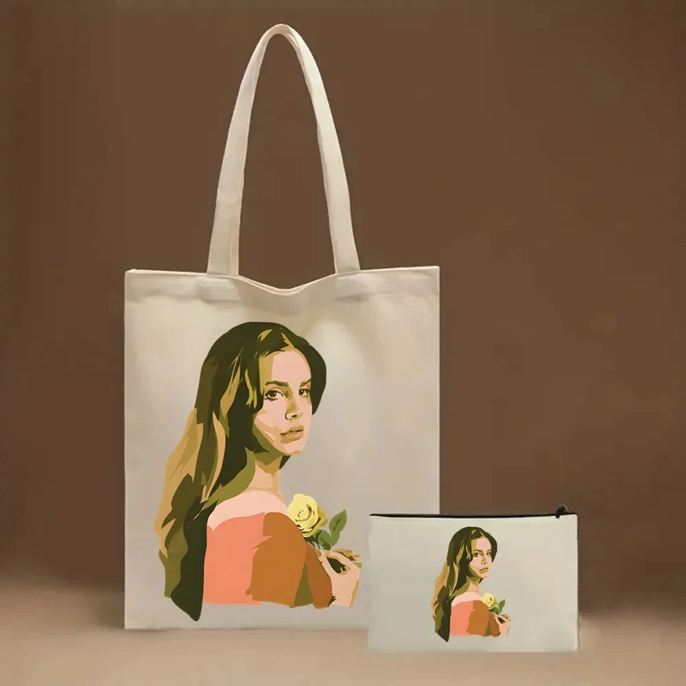 2pcs Lana Del Rey Fashion Women's Handbag Ldr Y2K Canvas Shoulder Bag Cosmetic Organizer Eco Large Capacity Shopping Bag Wallet