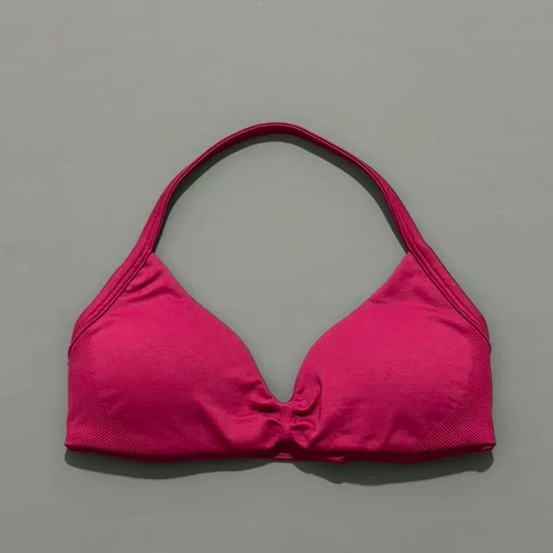 HISTELLO Sports Bra Push Up Strappy Sexy Open Back Gym Crop Top Removable Cups Women Workout Clothing Gym Top Halter Sport Bra