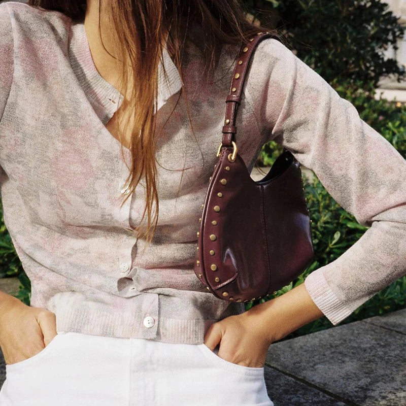 Fashion Rivet Women Shoulder Bags Designer Halfmoon Lady Handbags Luxury Pu Leather Chains Crossbody Bag Trend Underarm Bag 2025