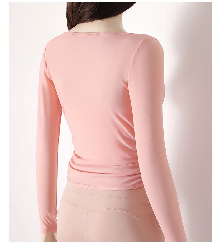 Honeycomb net yarn wearing thin exercise long sleeve breathable waist thin t-shirt pilates training blouse