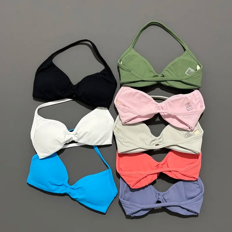 HISTELLO Sports Bra Push Up Strappy Sexy Open Back Gym Crop Top Removable Cups Women Workout Clothing Gym Top Halter Sport Bra