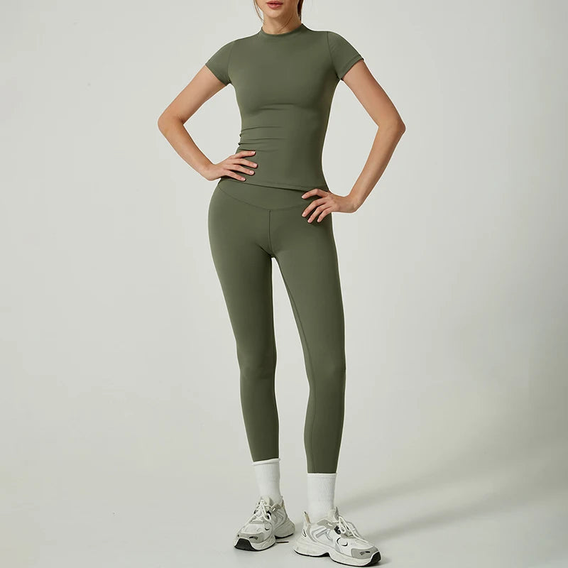 Yoga Set Women Sportswear Workout Clothes Athletic Wear Gym Legging Fitness Crop Top Short Sleeves Sports Suit