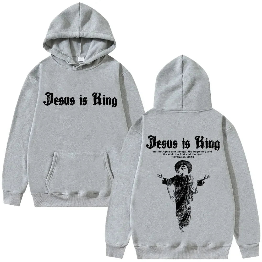 Jesus Is King Print Men Plus-size Hoodie Religious Outdoor Street Gothic Harajuku Casual Fashion Long-sleeve Autumn Fleece Top