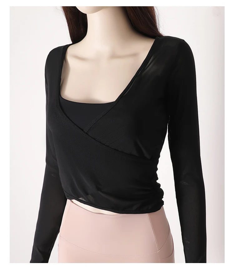 Honeycomb net yarn wearing thin exercise long sleeve breathable waist thin t-shirt pilates training blouse