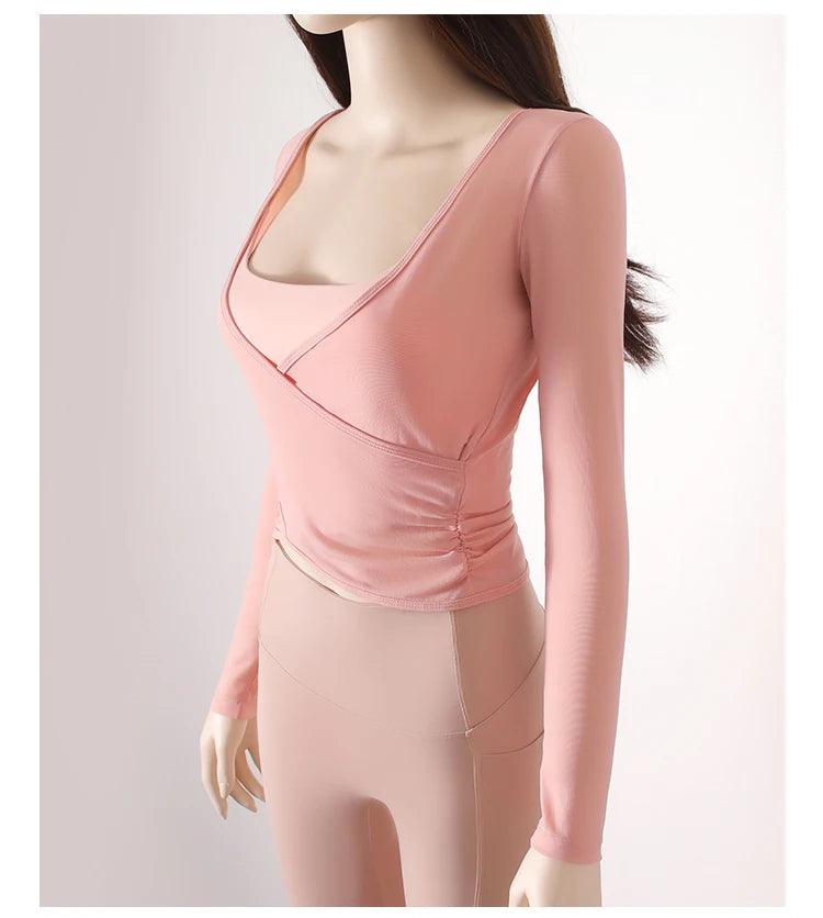 Honeycomb net yarn wearing thin exercise long sleeve breathable waist thin t-shirt pilates training blouse