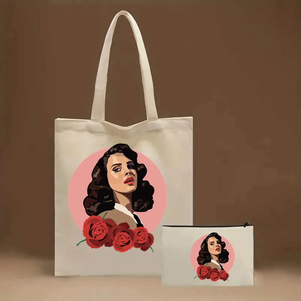 2pcs Lana Del Rey Fashion Women's Handbag Ldr Y2K Canvas Shoulder Bag Cosmetic Organizer Eco Large Capacity Shopping Bag Wallet