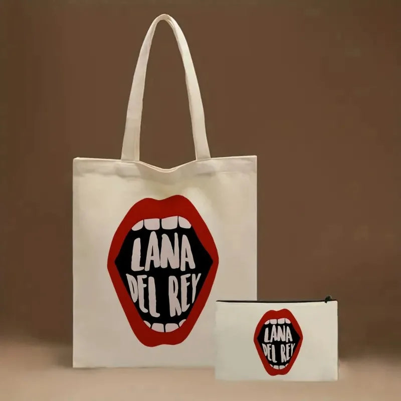 2pcs Lana Del Rey Fashion Women's Handbag Ldr Y2K Canvas Shoulder Bag Cosmetic Organizer Eco Large Capacity Shopping Bag Wallet