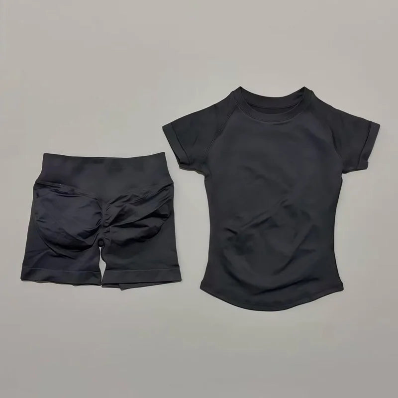 2 Pieces HISTELLO Sports Sets Short Sleeve Seamless Yoga Top Fitness Set Women Workout Running Sports Shorts Gym Suit
