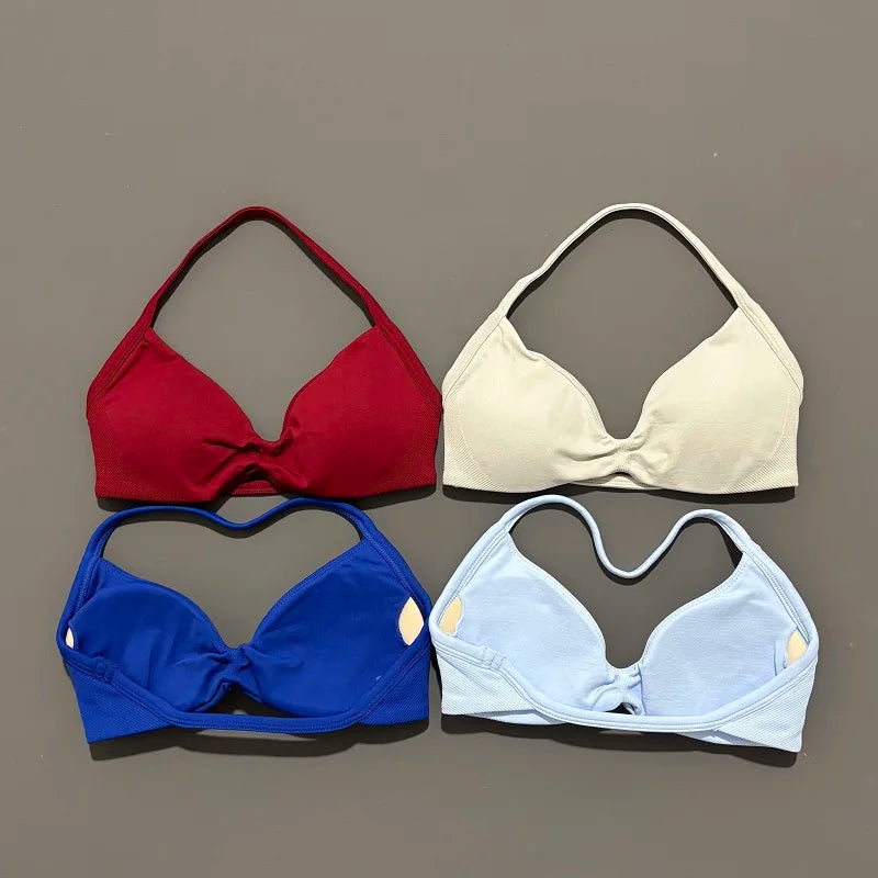 HISTELLO Sports Bra Push Up Strappy Sexy Open Back Gym Crop Top Removable Cups Women Workout Clothing Gym Top Halter Sport Bra