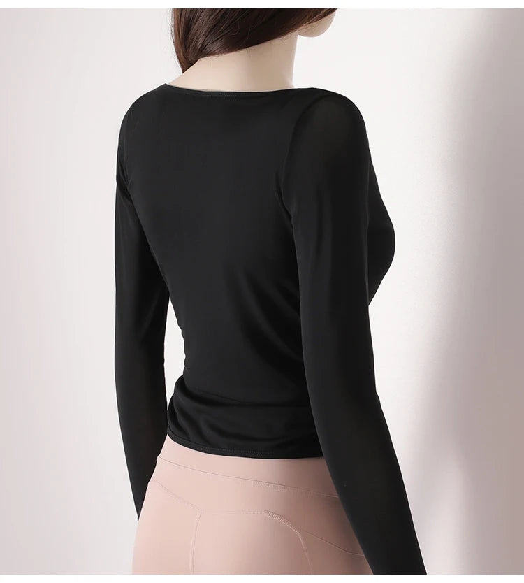 Honeycomb net yarn wearing thin exercise long sleeve breathable waist thin t-shirt pilates training blouse