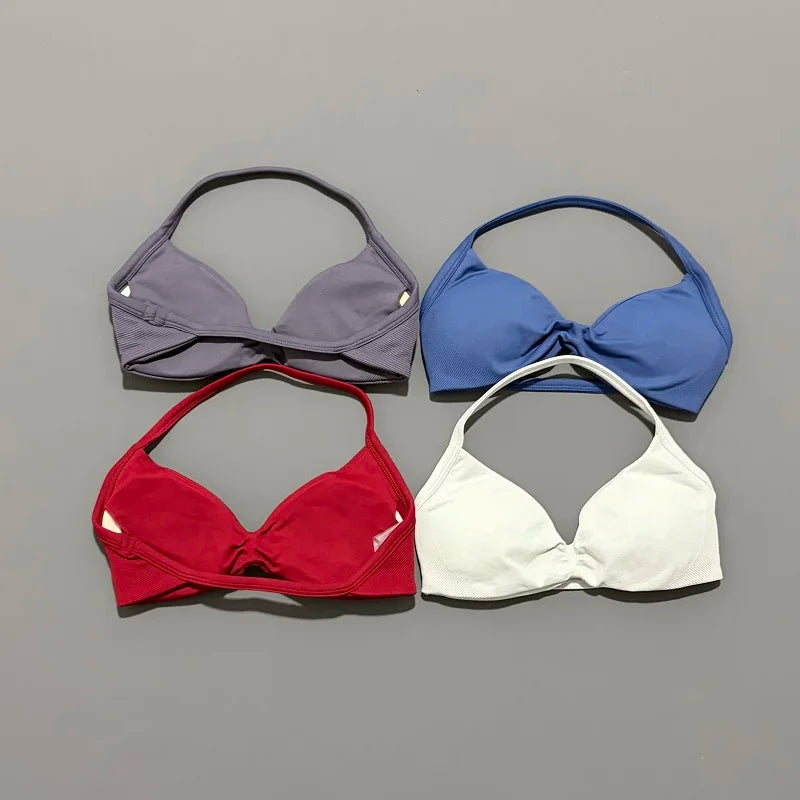 HISTELLO Sports Bra Push Up Strappy Sexy Open Back Gym Crop Top Removable Cups Women Workout Clothing Gym Top Halter Sport Bra
