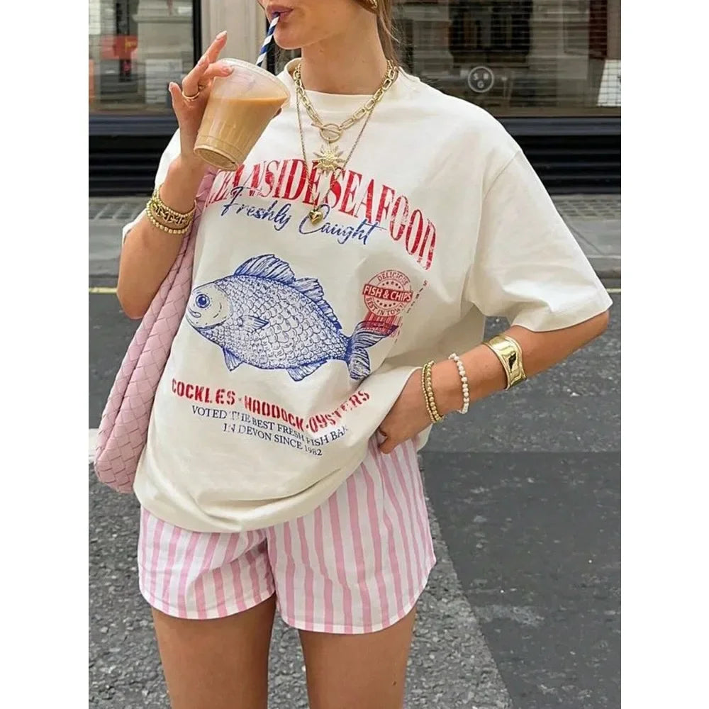 Seafood Graphic Tee Grunge Aesthetic Streetwear T Shirts Cotton Fashion Oversized Women Vintage T-Shirt Retro Style Vacation Top