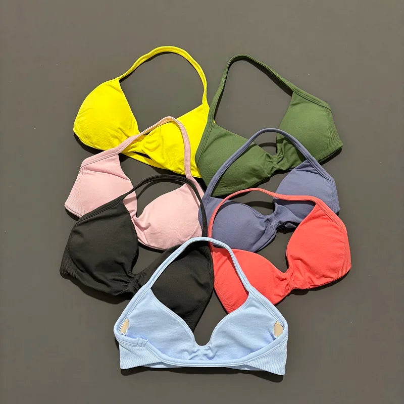 HISTELLO Sports Bra Push Up Strappy Sexy Open Back Gym Crop Top Removable Cups Women Workout Clothing Gym Top Halter Sport Bra