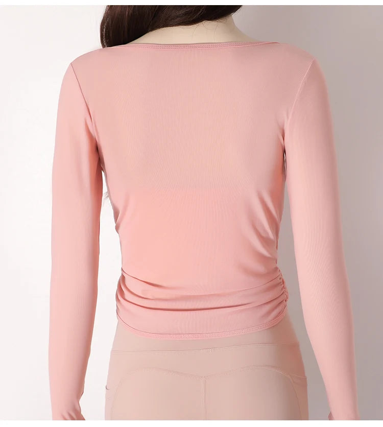 Honeycomb net yarn wearing thin exercise long sleeve breathable waist thin t-shirt pilates training blouse