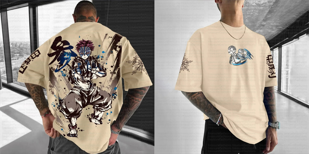 Oversized Khaki Cotton T-Shirt Demon Slayer Akaza Back Print Purple Hair Combat Pose Ink Splatter Kanji Sleeve Text Casual Wear
