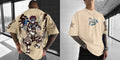Oversized Khaki Cotton T-Shirt Demon Slayer Akaza Back Print Purple Hair Combat Pose Ink Splatter Kanji Sleeve Text Casual Wear