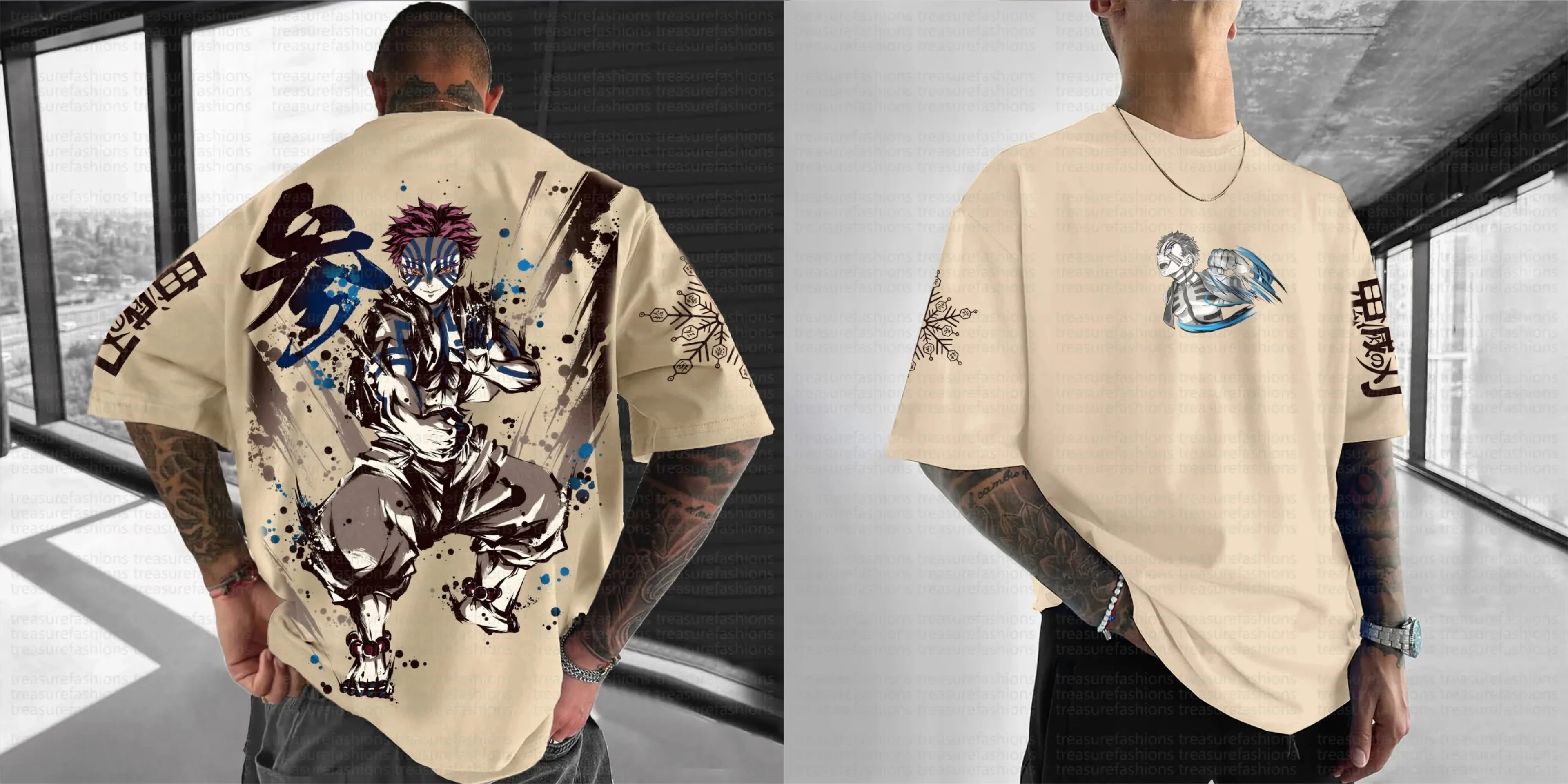 Oversized Khaki Cotton T-Shirt Demon Slayer Akaza Back Print Purple Hair Combat Pose Ink Splatter Kanji Sleeve Text Casual Wear