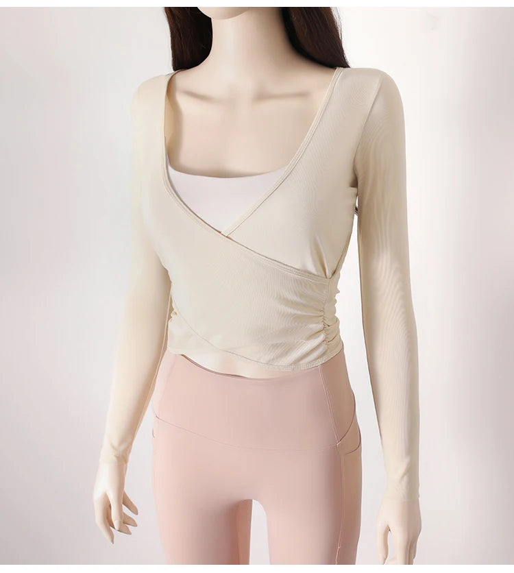 Honeycomb net yarn wearing thin exercise long sleeve breathable waist thin t-shirt pilates training blouse