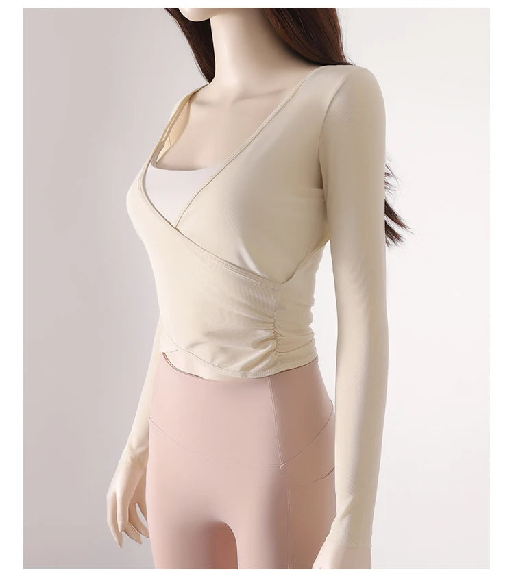 Honeycomb net yarn wearing thin exercise long sleeve breathable waist thin t-shirt pilates training blouse