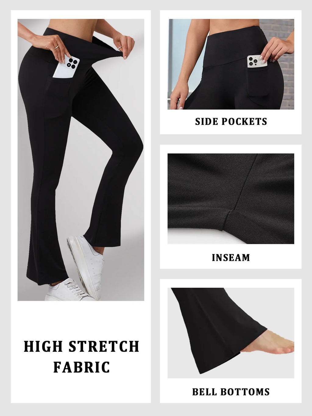 Women's Super Soft Flare Pants with Pockets, High Waisted Tummy Control Workout Yoga Push Up Gym Fitness Leggings Bell Bottoms