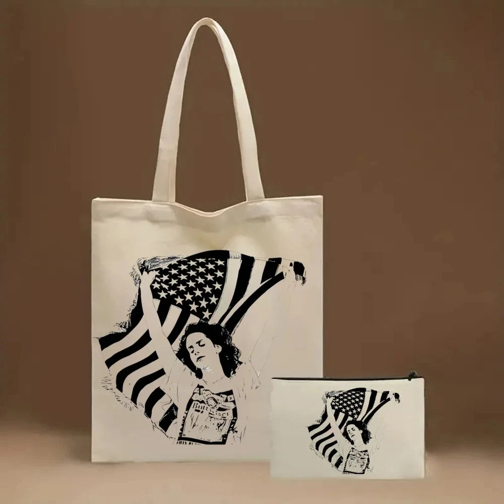 2pcs Lana Del Rey Fashion Women's Handbag Ldr Y2K Canvas Shoulder Bag Cosmetic Organizer Eco Large Capacity Shopping Bag Wallet