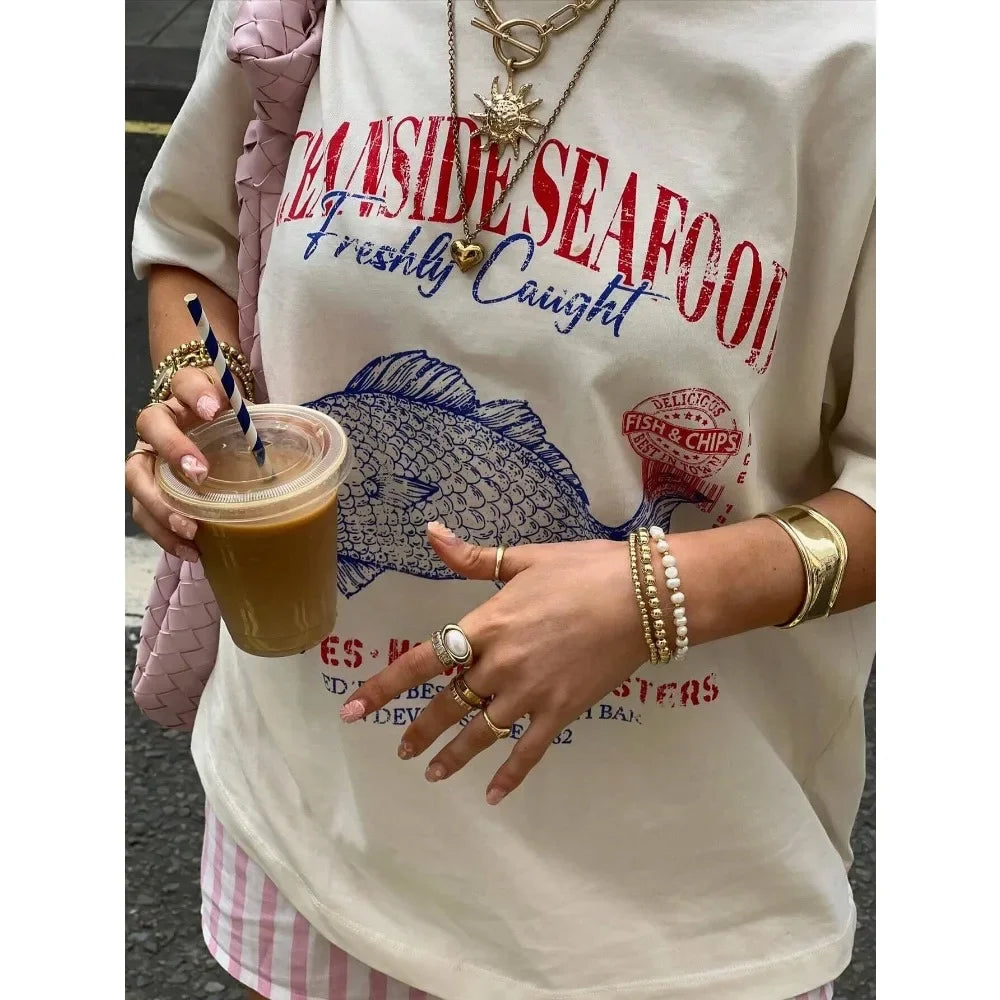 Seafood Graphic Tee Grunge Aesthetic Streetwear T Shirts Cotton Fashion Oversized Women Vintage T-Shirt Retro Style Vacation Top
