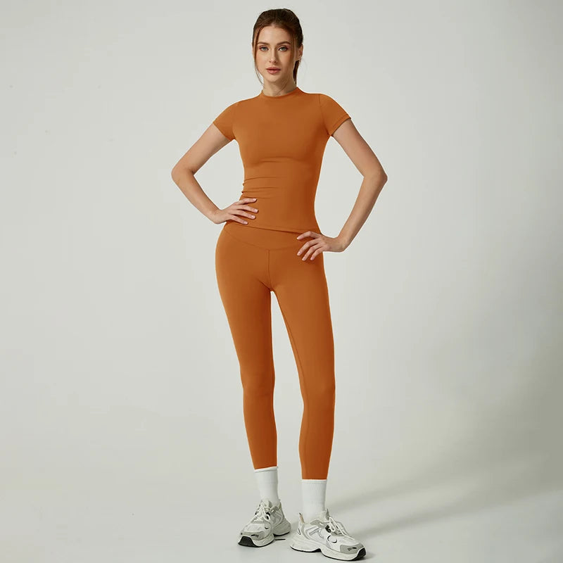 Yoga Set Women Sportswear Workout Clothes Athletic Wear Gym Legging Fitness Crop Top Short Sleeves Sports Suit