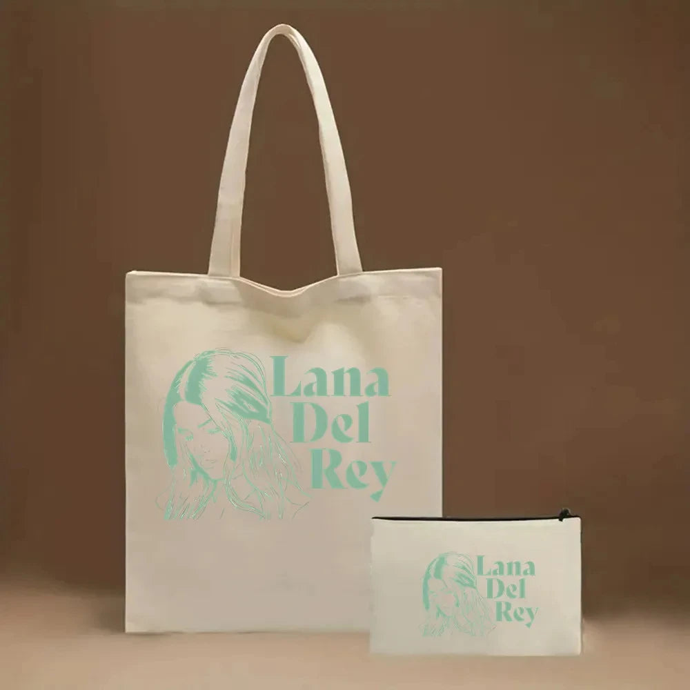 2pcs Lana Del Rey Fashion Women's Handbag Ldr Y2K Canvas Shoulder Bag Cosmetic Organizer Eco Large Capacity Shopping Bag Wallet