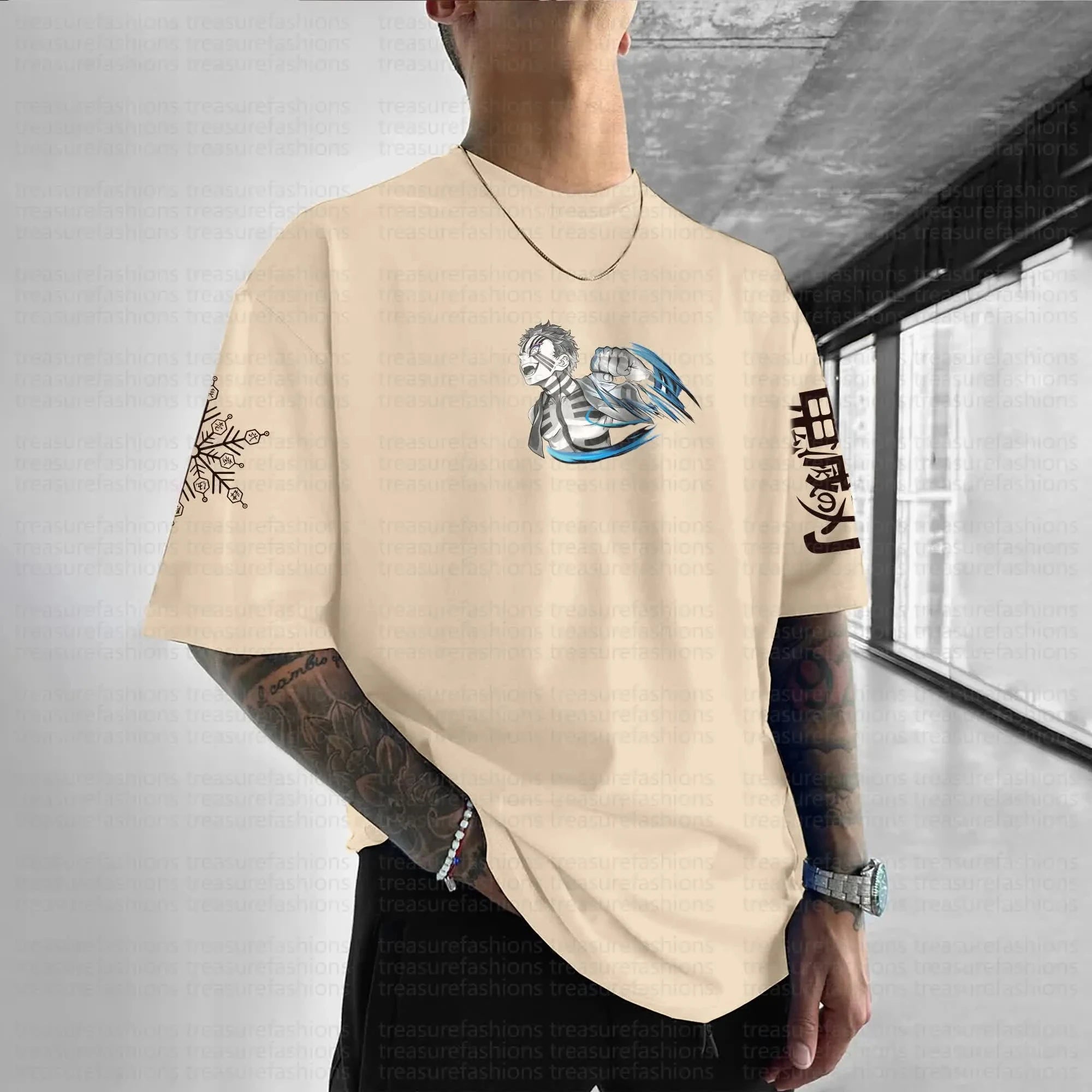 Oversized Khaki Cotton T-Shirt Demon Slayer Akaza Back Print Purple Hair Combat Pose Ink Splatter Kanji Sleeve Text Casual Wear