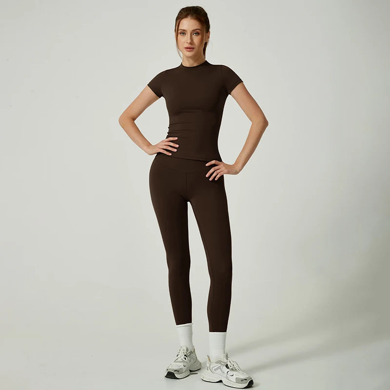 Yoga Set Women Sportswear Workout Clothes Athletic Wear Gym Legging Fitness Crop Top Short Sleeves Sports Suit