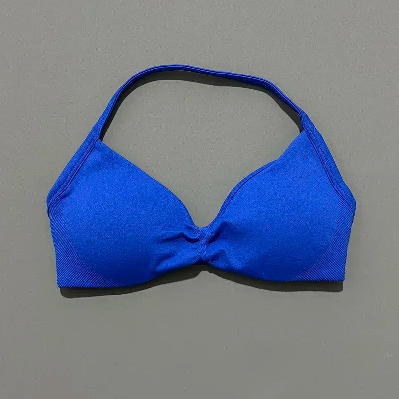 HISTELLO Sports Bra Push Up Strappy Sexy Open Back Gym Crop Top Removable Cups Women Workout Clothing Gym Top Halter Sport Bra