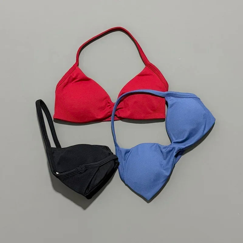 HISTELLO Sports Bra Push Up Strappy Sexy Open Back Gym Crop Top Removable Cups Women Workout Clothing Gym Top Halter Sport Bra