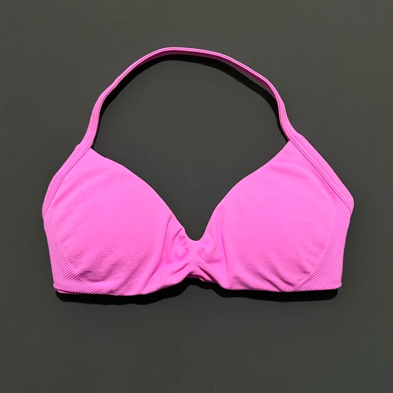 HISTELLO Strappy Bra Gym Top Women High Support Thin Strap Halter Sports Seamless Bras Scrunch Push-up Workout Yoga Tank Tops